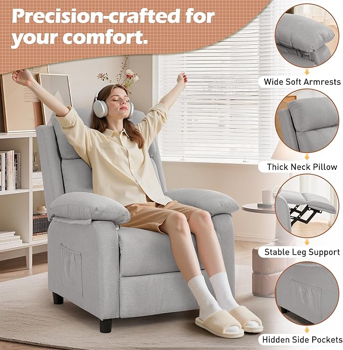 Korser Recliner Chair, Living Room Chairs for Adults, Padded Deep Seat Reading Chair with Side Pockets, Small Recliners for Small Spaces, Lounge Chair for Living Room, Bedroom, and RV (Linen)