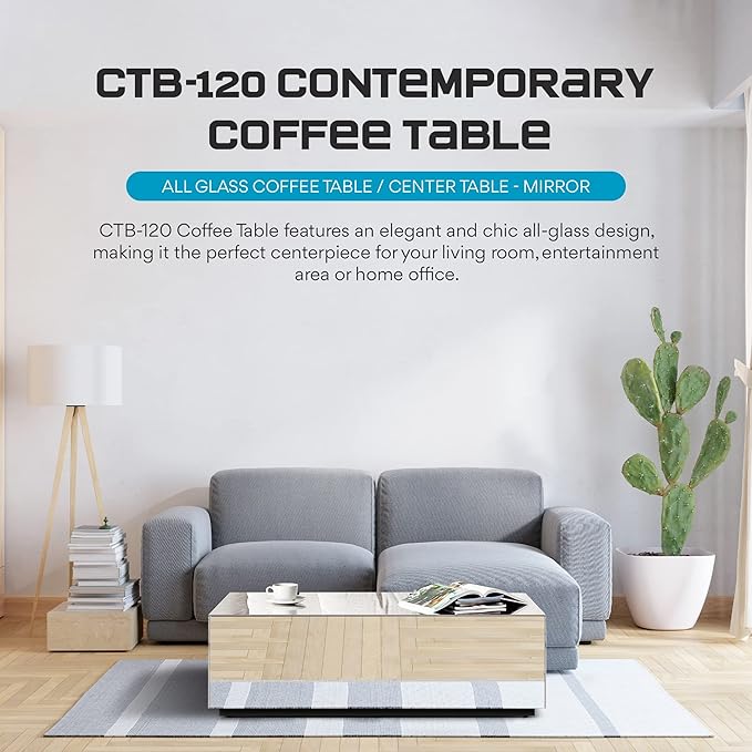 SONOROUS Premium Tempered Glass Coffee Table - Modern Mirror Rectangular Coffee Tables for Living Room - High Gloss Fingerprint Resistant Mid Century Design - Stylish Living Room Furniture & Décor