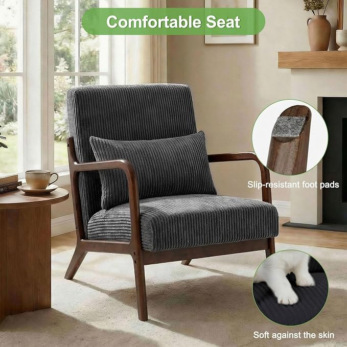 Set of 2 Mid Century Modern Accent Chair with Solid Rubber Wood Frame, Comfy Corduroy Reading Armchair with Lumbar Pillow, Heavy Duty Lounge Chair for Bedroom, Living Room & Small Spaces