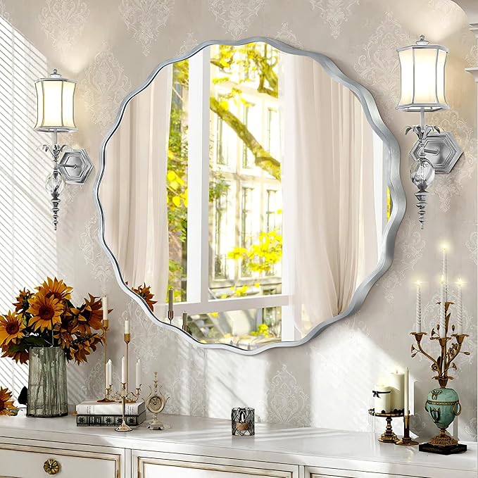 Silver Round Mirror for Wall, 32"x32" Decorative Wavy Bathroom Mirror with Brushed Alloy Steel Frame & Shatter-Proof Glass, Hanging Circle Wall Mirrors for Bathroom, Entryway, Bedroom