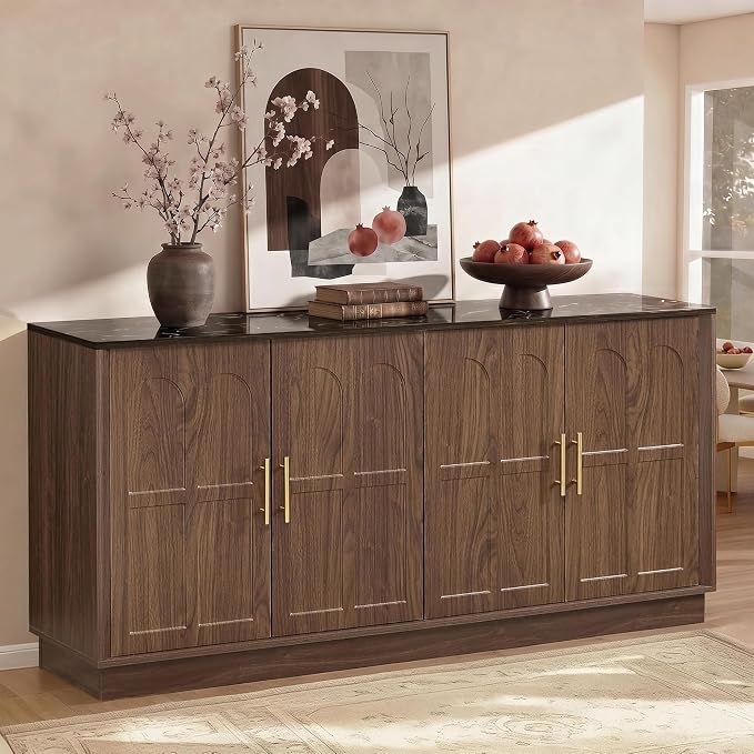 66.5" Sideboard Buffet Cabinet with Storage, Modern Credenza with Faux Marble Top & Arched Doors, Large Wood Accent Cabinet for Living Room, Kitchen, Entryway