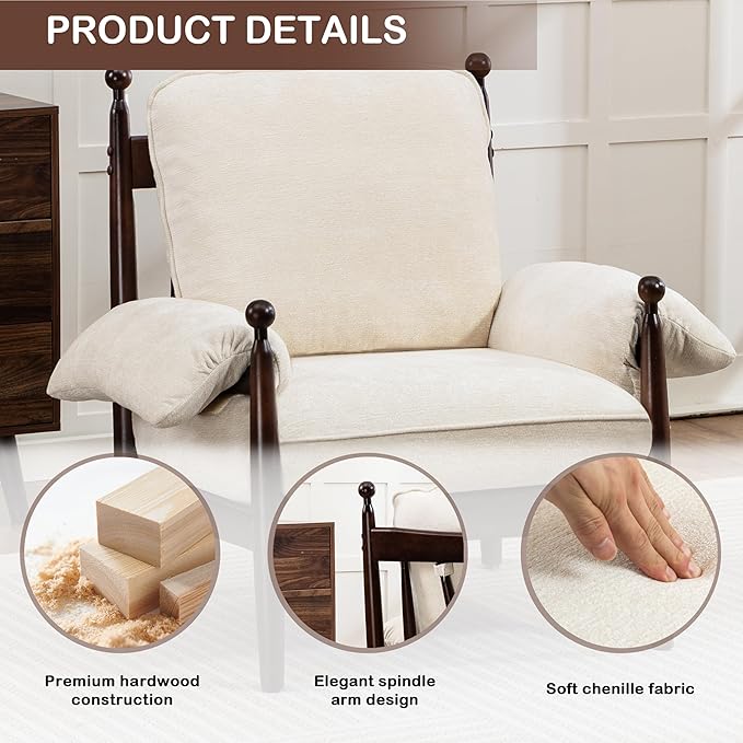 AQO Mid Century Modern Accent Chair with Arms, Upholstered Spindle Chair with Wood Frame, High-Resilience Sponge Cushion for Living Room Bedroom Office