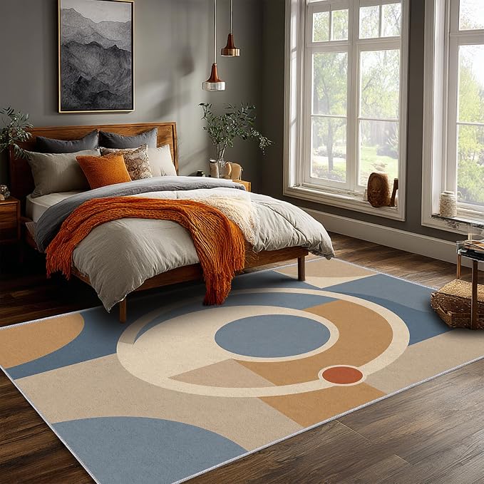 Mid Century Area Rug 3x4, Home Decor | Dusty Blue Camel Mod Orbit, Modern Abstract Circle Rug for Living Room, Bedroom, Home Office, Non Slip, Washable, Low Pile