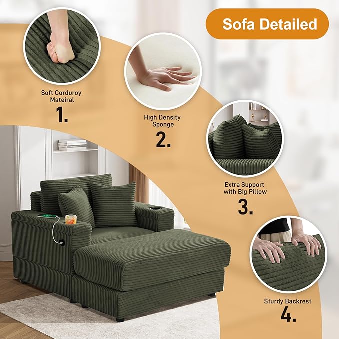 Oversized Chaise Lounge Chair Indoor with Adjustable Backrest, USB, Cup Holder & Ottoman, Firm Solid Wood Frame with Long Service Life Corduroy Oversized Lounge Reading Chair for Study Room - Green