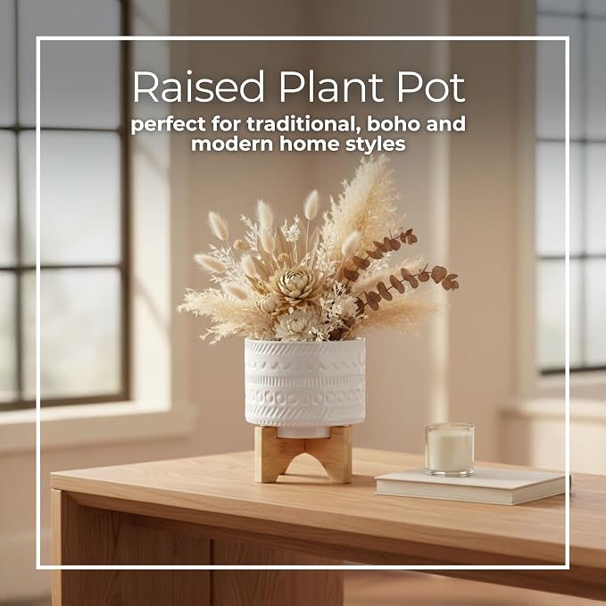 Tribal Look Footed Decorative Planter Pot – Ceramic Stoneware Outdoor and Indoor Plant Pot – Modern Garden and Home Decor Ceramic Planters with Wooden Stand– 8", White