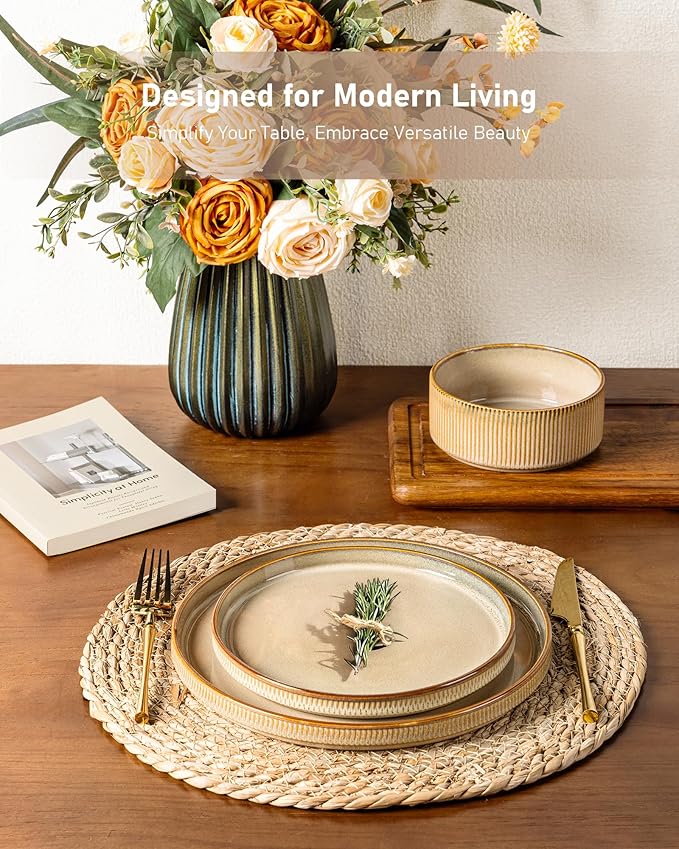 GBHOME 12-Piece Stoneware Dinnerware Set for 4 – Ribbed Ceramic Plates and Bowls, Scratch-Resistant, Microwave & Dishwasher Safe, Reactive Glaze, Barley Latte