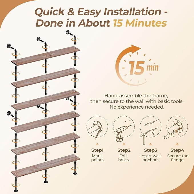 Industrial Ladder Shelf Bookcase, Wall Mounted Rustic Bookshelf, Retro Wood Metal Pipe Industrial Shelves for Living Room(Weathered Brown, 6 Tier - 10" D x 70" W x 82.5" H)