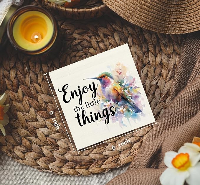 Hummingbird Decor - Hummingbird Gifts For Women, Inspirational Wooden Box Signs, Enjoy The Little Things Motivational Wood Decoration Home Decor For Desk Table Shelf 6x6 Inch Decorative Signs & Plaques