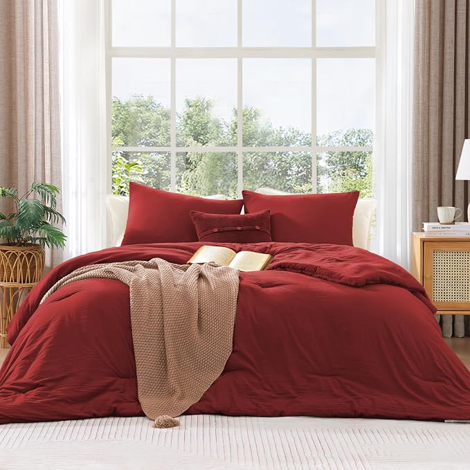 WRENSONGE Full Size Comforter Sets - 3 Pieces Bright Red Comforter Prewashed Soft Lightweight for All Seasons, Fluffy Down Alternative Comforter Full Size with 2 Pillow Shams