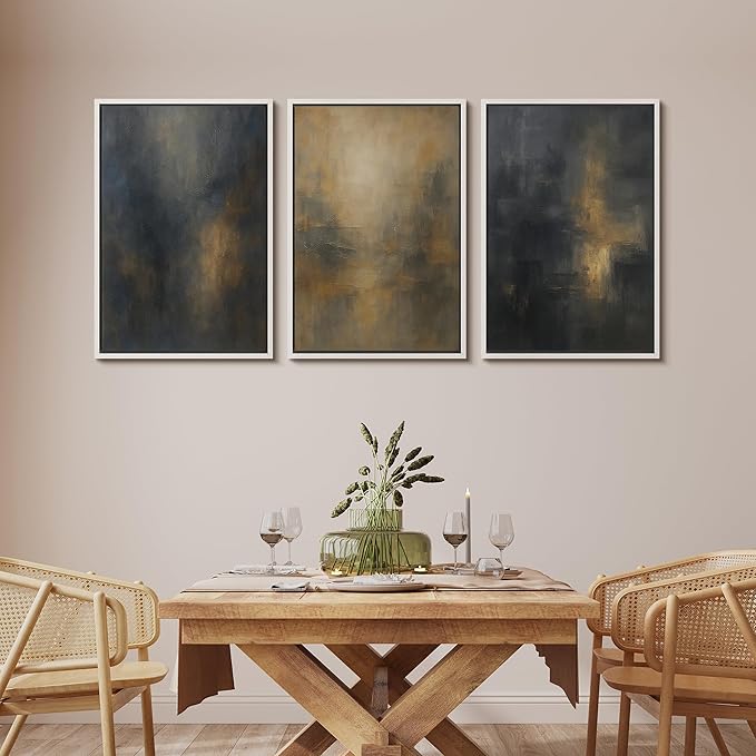MUDECOR Framed Wall Art Print Set Dark Abstract Modern Contemporary in Navy Blue and Gold Brushstrokes Illustrations Modern Art Decorative Colorful for Living Room, Bedroom, Office - 24"x36"x3 White