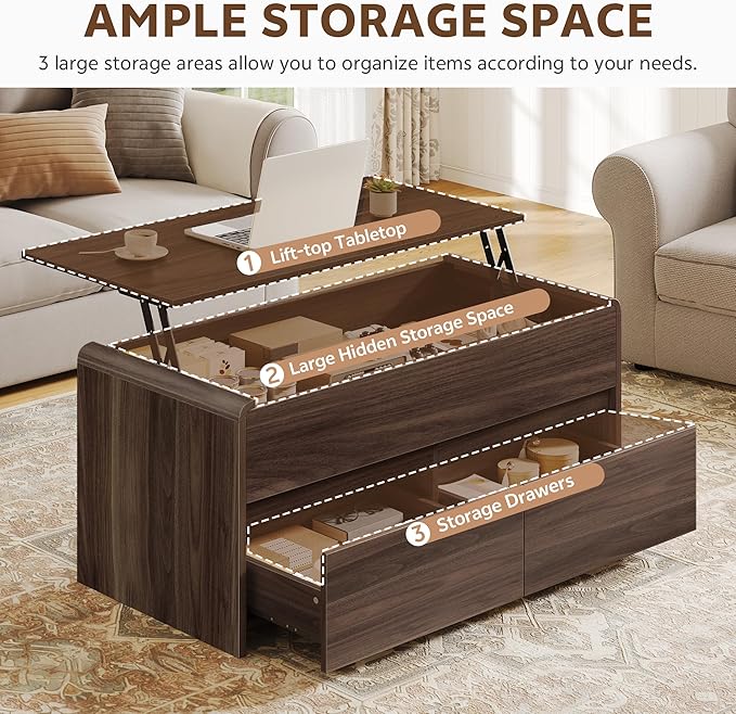 Coffee Table Lift Top, 40 Inch Multi-Function Coffee Table with 2 Drawers, Hidden Compartment, Curved Profile Design, Converts to Home Office Table, Dining Table for Living Room, Walnut