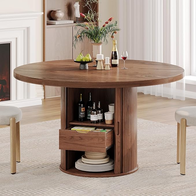 Round Dining Table for 4-6 Seats, 47" Circle Kitchen Table with Storage Drawer, Modern Mid-Century Pedestal Dinner Tables, Fluted Wood Base, Space Saving Dining Room Furniture for Family Party, Walnut