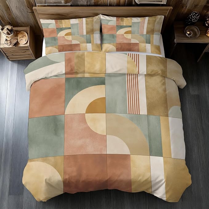 Mid Century Modern Duvet Cover Oversized King Size, Abstract Geometry Bedding Set 3 pcs with 2 Pillow Covers, Mid Century Bedroom Decor, Soft Microfiber Reversible, Zipper & Ties KJJT 81