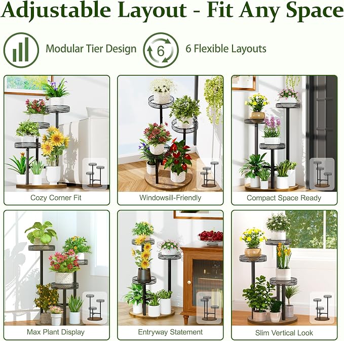 Black Stand Plants, 3-Tier Metal Plant Stands for Outdoor Indoor Plants,Heavy Duty Flower Pot Stands for Multiple Plants,Decoration Display Racks for Patio Garden -BlackFlower