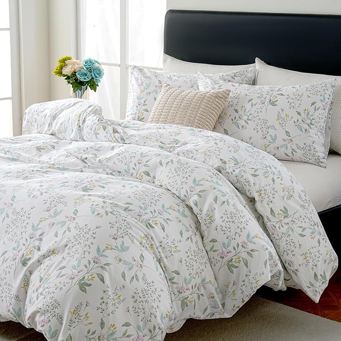 Cozeline 100% Cotton Duvet Cover Queen Size, Pink Floral Aesthetic Bedding Set with Zipper Closure, 3 Pcs Breathable and Soft Botanical Duvet Cover for All Season
