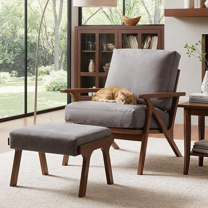 Mid Century Modern Accent Chair with ottoman, Farmhouse Linen Upholstered Living Room Armchair and Ottoman Set, 23" Seat Wide Retro Leisure Lounge Chair with Wood Frame for Home, Bedroom, Office, Grey