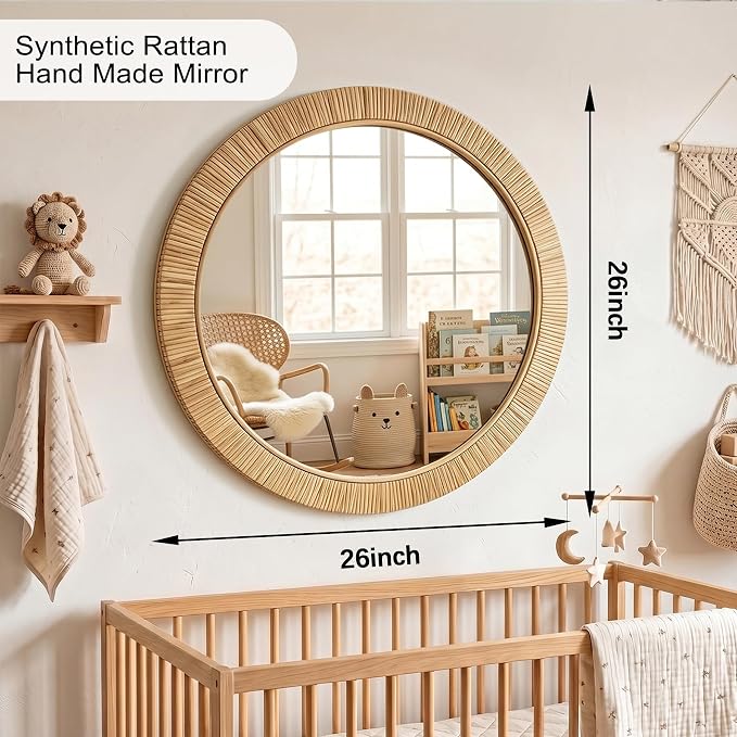 26"x26" inch Large Round Rattan Mirror for Wall, Boho Decorative Wicker Mirror Waterproof Synthetic Rattan Frame, for Bathroom, Bedroom, Living Room, Entryway