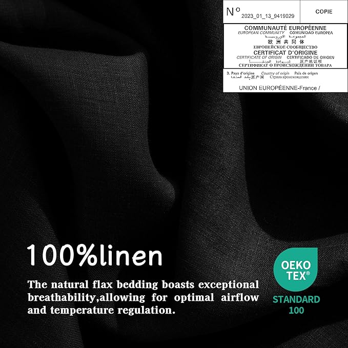 EVERLY Linen Sheets Set Full Size,100% French Stonewash Pure Linen Sheets Set,4Pieces (1Flat Sheet,1Fitted Sheet,2Pillowcase) Suitable for Hot Sleepers,Deep Pocket Natural Bedding Set-Black