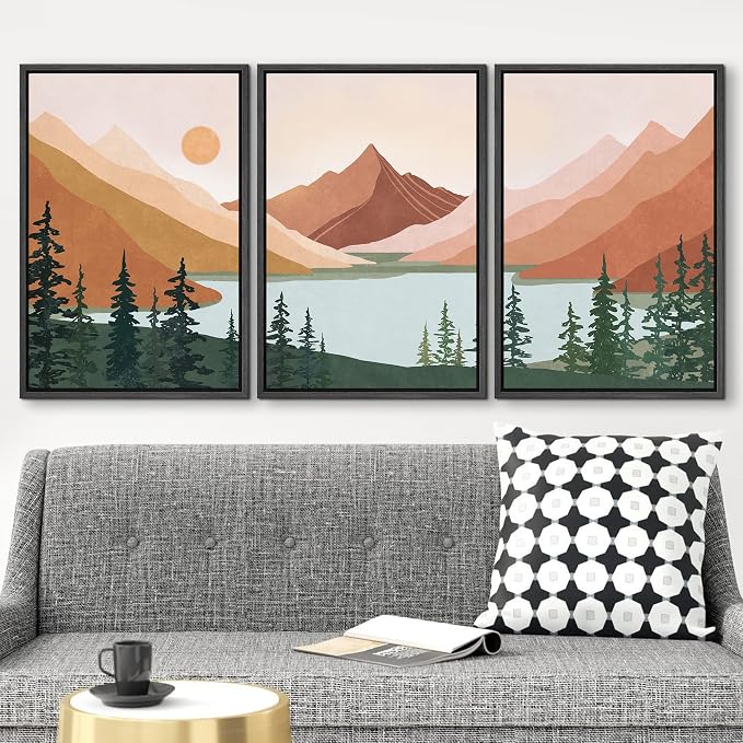 wall26 Framed Canvas Print Wall Art Set Geometric Mountain Forest Lake Abstract Nature Illustrations Modern Art Nordic Decorative Minimal Boho for Living Room, Bedroom, Office - 16"x24"x3 Black