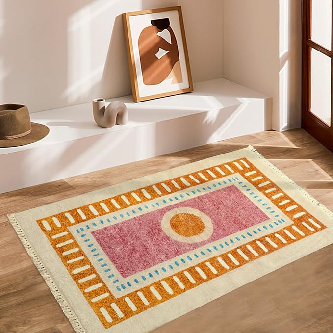 Lukinbox Boho Kids Area Rugs for Living Room, 3x5 Sun Machine Washable Bedroom Rug, Super Soft Non-Slip Orange Circular Rainbow Throw Rug for Entryway Playroom Nursery Room Dinning Room