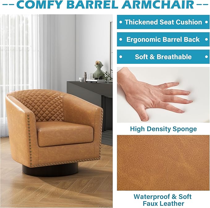 UIXE Faux Leather Swivel Barrel Accent Chair, Upholstered Round Armchair Club Chair for Living Room, Comfy Single Sofa Bedroom Reading Seat - Coffee