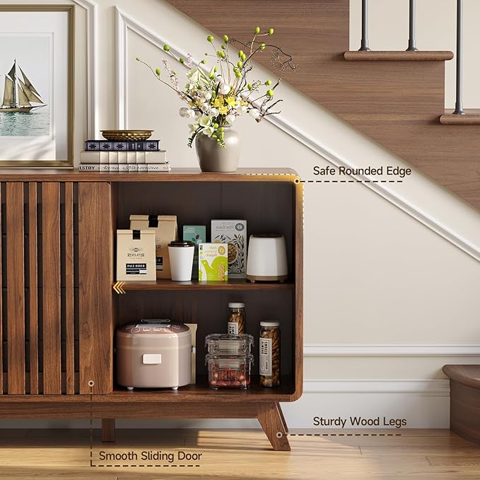 ONBRILL Sideboard Buffet Cabinet with Storage, Fluted Buffet Cabinet with Sliding Doors & 4 Drawers, Mid Century Modern Coffee Bar Wine Bar Credenza for Living Room, Kitchen (Walnut)