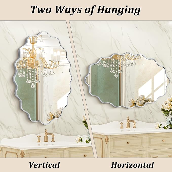 Oval Wavy Wall Mirror -Irregular Wall Mirror with Silver Asymmetrical Aluminum Alloy Frame,24"x36" Decorative Wall Mirrors for Bathroom, Bedroom, Living Room, Dining Room，Entryway