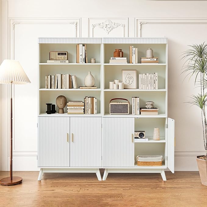 68" Fluted Tall Bookcase with Storage Cabinet,Mid-Century Modern 5-Tiers Arched Bookshelf Cabinet with Doors,Arched Bookcase with Open Display Storage Shelf for Home Office Bedroom Living Room, Beige