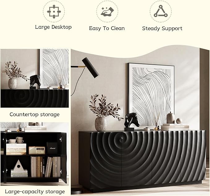 Wave Pattern Sideboard Buffet Cabinet - Modern Luxury Multifunctional Storage Cabinet with 3D Textured Doors, Display Cabinet for Dining Room Living Room Entryway (Black)