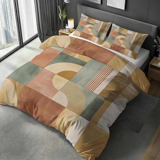 Mid Century Modern Duvet Cover Oversized King Size, Abstract Geometry Bedding Set 3 pcs with 2 Pillow Covers, Mid Century Bedroom Decor, Soft Microfiber Reversible, Zipper & Ties KJJT 81