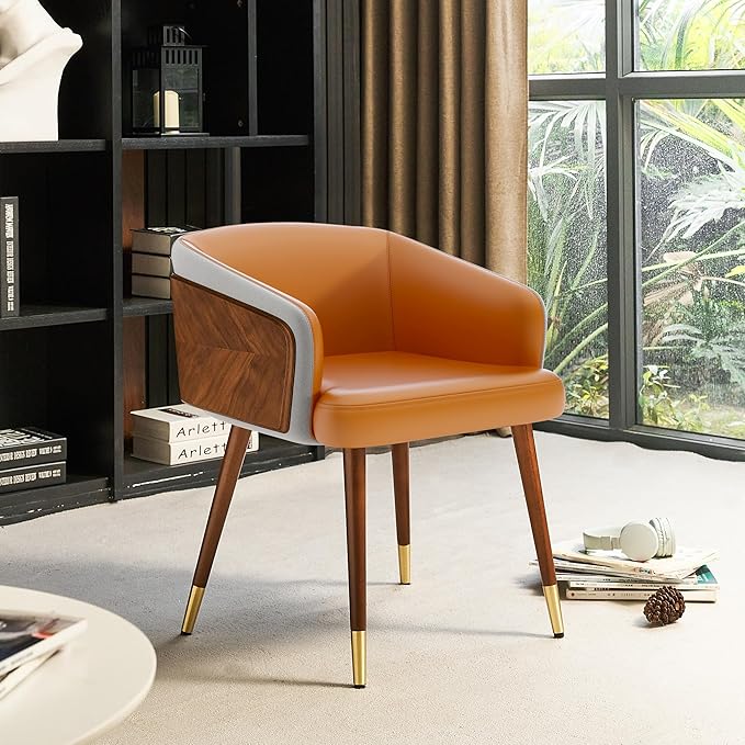 ARTPLAN Modern Upholsted Accent Dining Chairs,Mid-Century Faux Leather with Walnut for Kitchen,Office Waiting Room Arm Sitting Chair, Beech Legs Dissassembly Adjustable Feet,Dark Orange