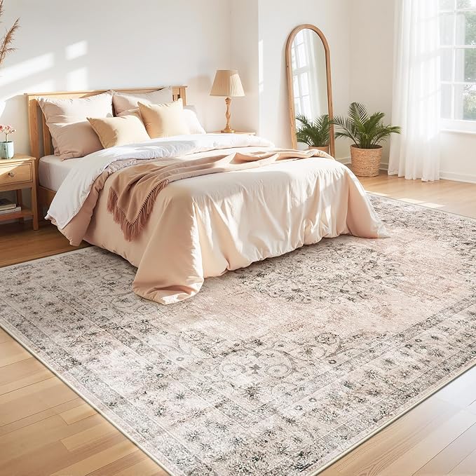 Area Rug 8x10 Vintage Rug: Large Washable Indoor Medallion Rugs Low Pile Distressed Floor Carpet Retro Accent Rug for Living Room Bedroom Kitchen Dining Table Home Office(Distressed Brown, 8'x10')