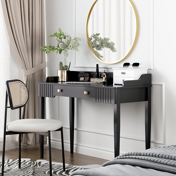 Space-Saving Black Wood Makeup Vanity Desk – Modern Computer Table with Drawers & Gold Handles