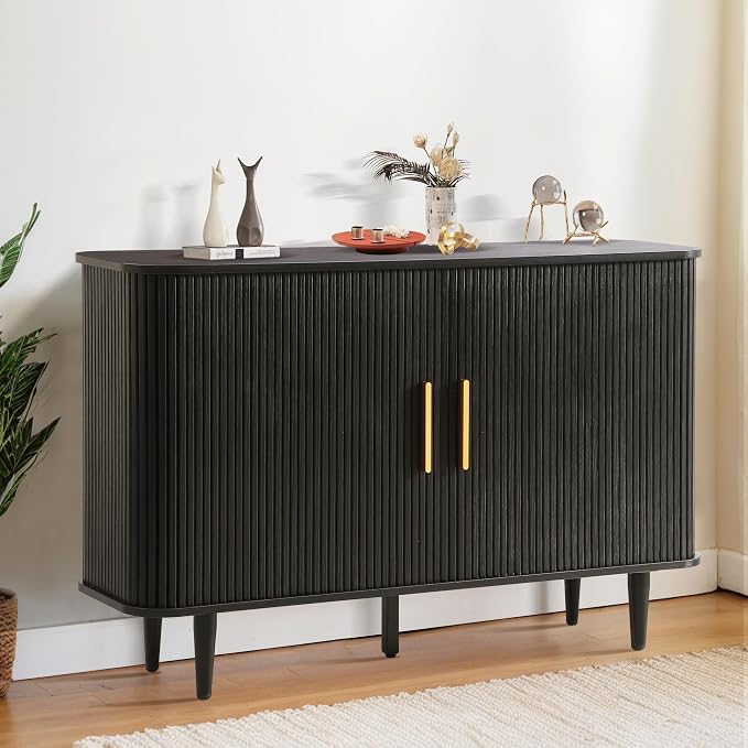 Grepatio 47" Sideboard Buffet Cabinet with Fluted Slide Doors, Tambour Storage Cabinets with Adjustable Shelves, Credenza Console Mid Century for Living Room Hallway Entryway (Black)