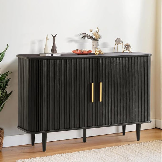 Grepatio 47" Sideboard Buffet Cabinet with Fluted Slide Doors, Tambour Storage Cabinets with Adjustable Shelves, Credenza Console Mid Century for Living Room Hallway Entryway (Black)