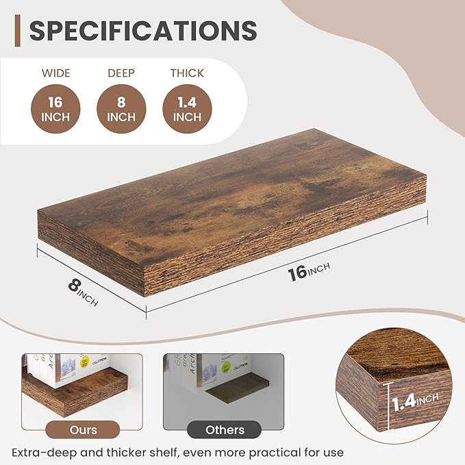 16 Inch Floating Shelves, 8 Inch Deep Floating Shelves for Wall, Hanging Shelf with Invisible Brackets, Deep Shelves for Bathroom, Bedroom, Living Room, Brown, Set of 2
