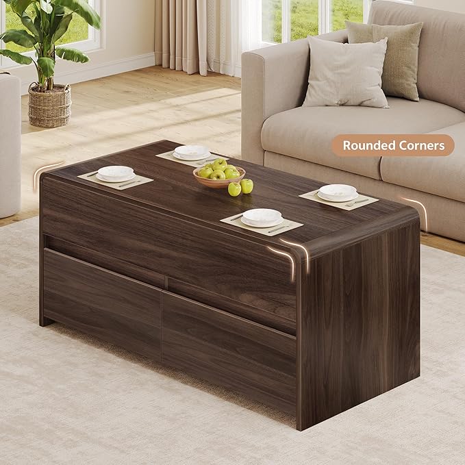 Coffee Table Lift Top, 40 Inch Multi-Function Coffee Table with 2 Drawers, Hidden Compartment, Curved Profile Design, Converts to Home Office Table, Dining Table for Living Room, Walnut