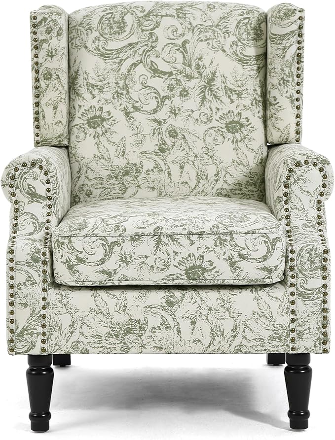 High Back Accent Chair, Fabric Upholstered Armchair for Living Room, Floral Printed Wingback Arm Chair with Solid Wood Legs, Retro Nailhead Trim Single Sofa Bedroom Reading Seat - Rococo Green