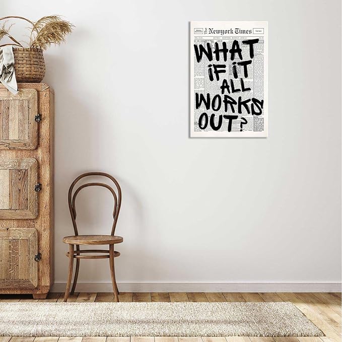Drimiler Retro Black And White Newspaper Poster What If It All Works Out Canvas Wall Art Positive Affirming Quote Minimalist Prints Painting For Home Bedroom Dorm Wall Decor 8x12in Wframed