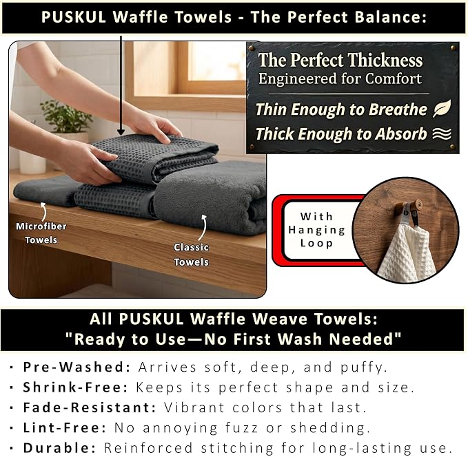 PÜSKÜL 4-Piece Natural 100% Turkish Cotton Luxury Waffle Towels for Bathroom | Premium Honeycomb Weave 2 Hand Towel & 2 Bath Towel Set | Soft Absorbent Quick-Dry Lightweight Towels (anthracithe)
