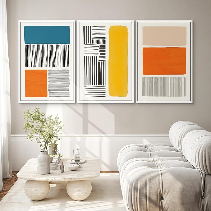 SIGNWIN Framed Canvas Print Wall Art Set Mid-Century Bright Color Block Collage Abstract Shapes Illustrations Minimalism Bohemian Decorative for Living Room, Bedroom, Office - 16"x24"x3 White