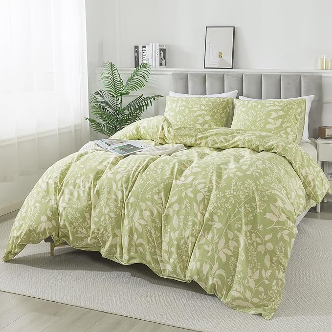 HoneiLife Wildflower Duvet Cover King - 100% Cotton Comforter Cover Sets, 3-PC Comfortable Floral Duvet Cover Sets, Soft & Breathable Duvet Cover with Zipper Closure & Corner Ties, Vibrant Green