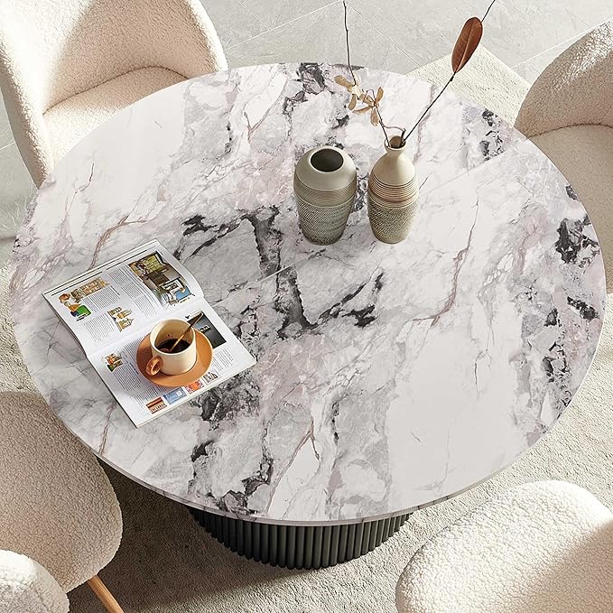 47" Round Dining Table Set for 4,Industrial Circle Kitchen Table Set with Off White Sherpa Barrel Dining Accent Side Chairs Set for Coffee Shop, Two-Part White Marble Look Tabletop