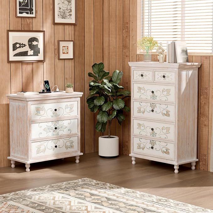 VINGLI Dresser Wood Chest of Drawers for Bedroom, Tall Dresser 6 Drawer Chest Boho, Wooden Dressers with Drawers and Solid Wood Legs, Rustic Washed White