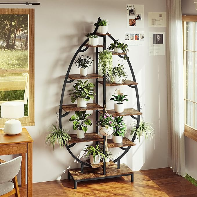 VINGLI Plant Stand Indoor with Grow Lights, 63" Tall 10-Tier Leaf-Shaped Metal Plant Shelf with 5 LED Light Strips, Large Tiered Indoor Plant Stands for Multiple Plants, Modern Decorative Plant Rack for Living Room Balcony, Black