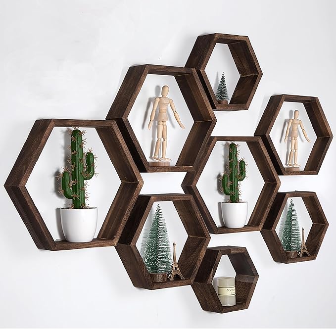WONFUlity Hexagon Floating Shelves Honeycomb Shelves Wood Farmhouse Storage Wall Shelf for Bathroom, Kitchen, Bedroom, Living Room, Driftwood Finish Wall Decor