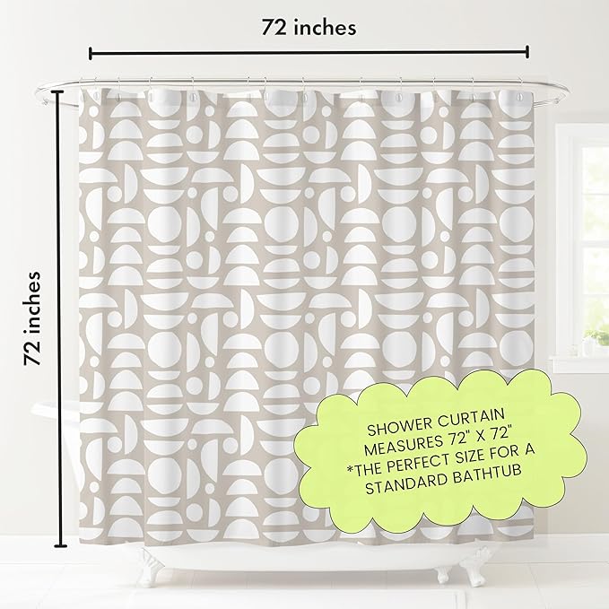 Linen Beige & White Abstract Shower Curtain – Boho Pattern – Modern Minimalist Scandi Style – Neutral Fabric Bathroom Decor – 72x72 Inches (Linen Half Circle)