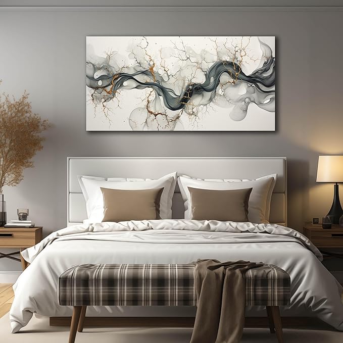 Black White and Gold Canvas Wall Art for Bedroom Modern Art Wall Decor Living Room Abstract Pictures for Office Size 24 x 48 Inch