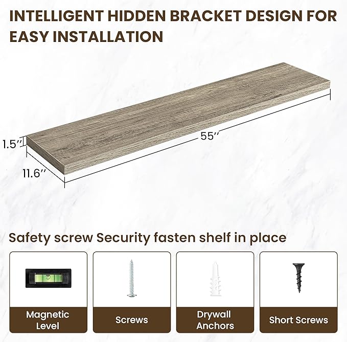 55 Inch Floating Shelves, 12 Inch Deep Floating Shelves for Wall, Floating Shelf with Invisible Brackets, Deep Shelves for Bathroom, Bedroom, Living Room, 1 Pack, Grey
