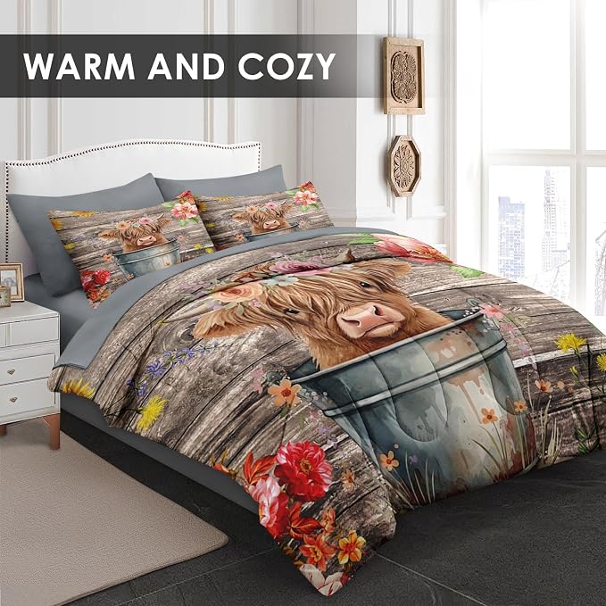 WeCozy 5 Pcs Twin Size Comforter Set with Pillowcase & Sham, Highland Cow Flower Bedding for Kids and Adults, Happy Cute Cartoon Bed in a Bag with Flat Fitted Sheet